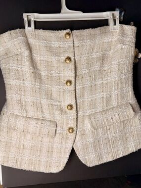 Women’s Cream Tweed Button-Front Vest with Gold Buttons
